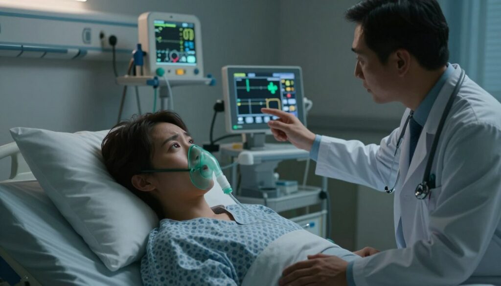 A dimly lit hospital room featuring a patient sitting upright in a hospital bed, surrounded by medical equipment that monitors respiratory function. The foreground showcases the patient's anxious expression, with a visible oxygen mask, revealing the urgency of their condition. In the middle ground, a physician in professional attire checks vital signs on a monitor, embodying care and concern. The background includes soft, blurred images of respiratory therapy devices, emphasizing the struggle against hypoxia. The lighting is soft yet clinical, casting gentle shadows that enhance the serious mood. The angle captures a close-up of the patient and doctor, creating an intimate and urgent atmosphere, illustrating the profound impact of respiratory diseases on oxygen saturation.