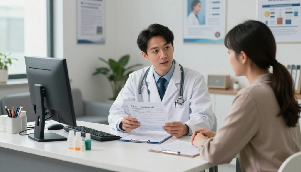 A healthcare professional in a modern medical office setting, holding a referral form for an X-ray exam. The foreground features a neatly organized desk with a computer, medical supplies, and patient files. In the middle, the doctor, dressed in professional business attire, is discussing the referral process with a patient seated across the desk. The patient appears engaged and attentive, wearing modest clothing. The background includes medical posters and a cozy waiting area, softly lit by natural light from large windows. The atmosphere is calm and reassuring, emphasizing professionalism and care in the medical environment, with a focus on the steps involved in obtaining a medical referral for an X-ray.