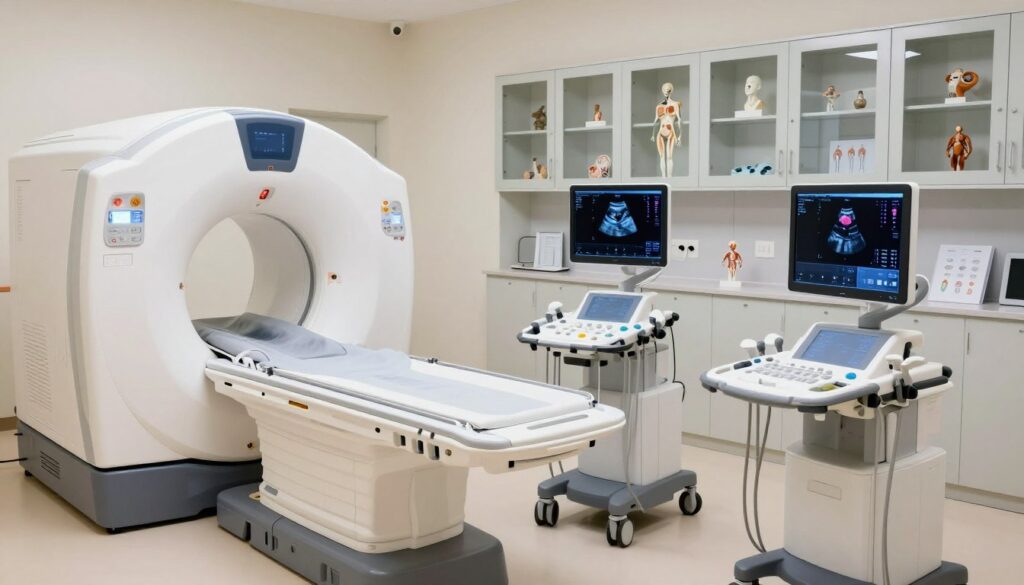A high-tech medical imaging environment focused on alternative diagnostic imaging methods. In the foreground, a sleek MRI machine and an advanced ultrasound device, both set against a clean, modern examination room with soft, neutral lighting that evokes a sense of calm and professionalism. The middle ground features a digital monitor displaying colorful images from various diagnostic imaging techniques, such as MRI scans and ultrasound images. In the background, a well-organized, professional medical office with glass cabinets containing anatomical models and medical charts. The overall atmosphere is bright and inviting, symbolizing innovation in healthcare, framed with a wide-angle perspective to showcase a sense of space and efficiency.