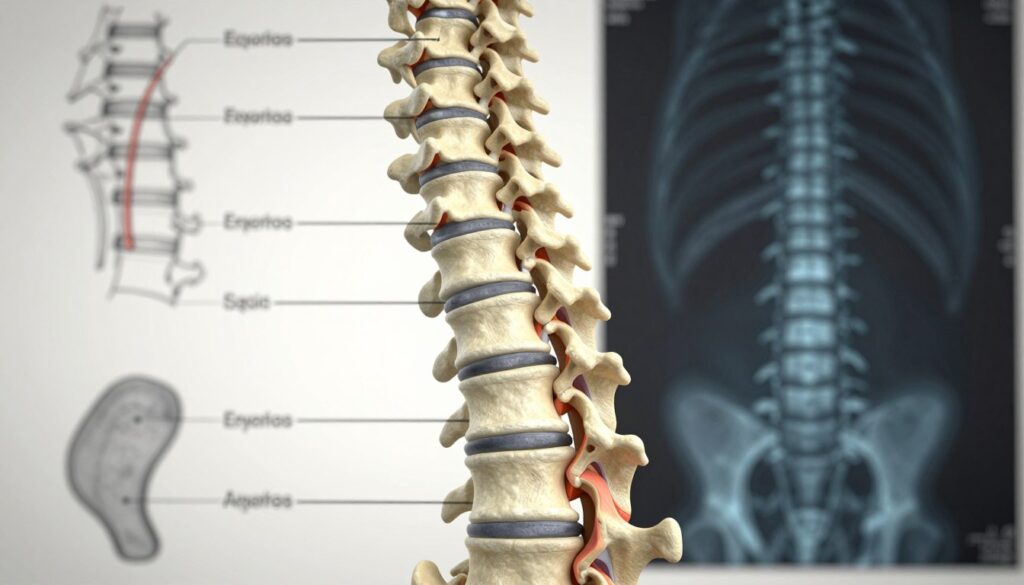 A highly detailed anatomical illustration of the cervical spine (kręgosłupa szyjnego), showcasing its structure, including vertebrae and intervertebral discs. The image should focus on a well-lit, realistic 3D rendering that highlights the curvature and alignment of the spine, emphasizing healthy anatomy versus potential scoliosis deformities. The foreground should feature clear, labeled diagrams of key anatomical features, while the background should subtly include a radiographic image of the spine, displaying a slight curvature to represent scoliosis. Use soft ambient lighting to create a professional and academic atmosphere, ensuring clarity and precision in every element of the illustration. The viewpoint should be slightly angled to provide depth and highlight the curvature distinctly.