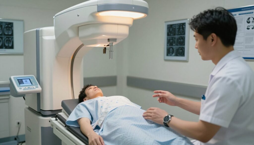 A hospital room setup for an X-ray examination, focusing on a patient wearing modest hospital attire, preparing for the procedure. In the foreground, a radiology technician explains the process to the patient, conveying a calm and reassuring atmosphere. The middle layer features a modern X-ray machine, with clear details on the control panel and the X-ray table, illuminated by soft ceiling lights that cast a gentle glow. In the background, medical images and charts hang on the walls, enhancing the clinical environment. The scene captures a sense of professionalism and care, emphasizing the importance of proper preparation for the X-ray examination. The angle is slightly above eye level, offering a comprehensive view of the setting and interactions.