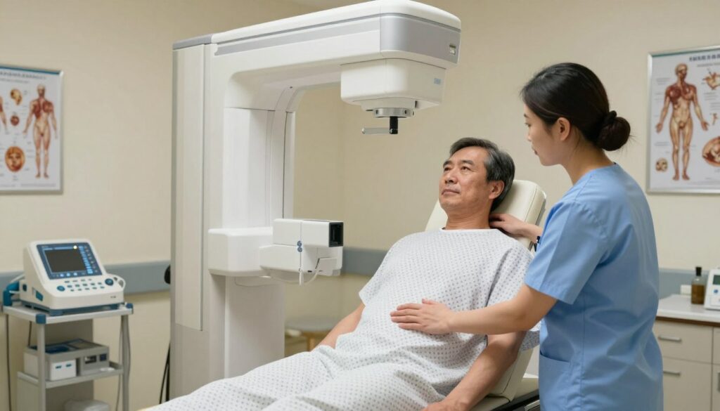 A medical environment focusing on the preparation of a patient for a rib X-ray examination. In the foreground, a nurse in professional scrubs gently assists a middle-aged male patient, ensuring he is properly positioned for the imaging process. The patient is wearing a hospital gown, looking calm and reassured. In the middle, the X-ray machine stands prominently, with its large, flat panel and adjustable arm aimed toward the patient. The background features a softly lit hospital room, with medical equipment neatly arranged, and a few anatomical posters on the walls. The atmosphere is clinical yet comforting, with warm lighting to reduce tension. The angle captures the interaction and highlights the professionalism of the healthcare setting, creating a sense of trust and care.