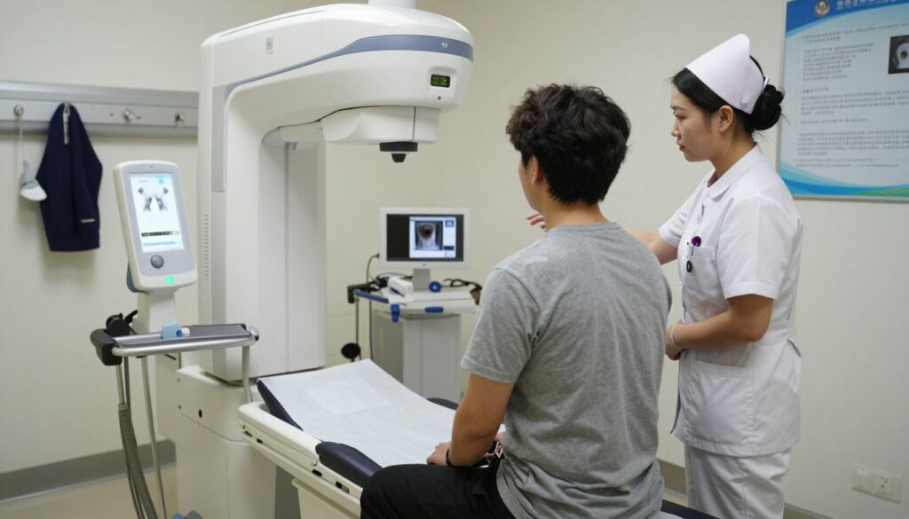 A medical examination room featuring a patient preparing for a pelvic X-ray. In the foreground, a modestly dressed patient sits calmly on the examination table, with a reassuring nurse in professional attire nearby, discussing the process. The middle ground showcases a diagnostic machine specifically designed for X-rays, with a clear control panel and protective gear displayed. The background includes soft lighting to create a calm atmosphere, with medical posters and charts on the walls. The scene is captured using a slightly angled perspective to emphasize both the patient’s readiness and the advanced equipment, conveying a sense of professionalism and care in medical imaging preparation.