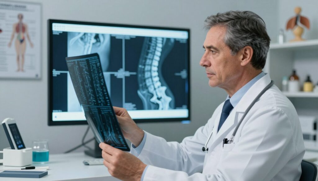 A medical professional, a middle-aged Caucasian doctor in a white coat, is attentively examining a set of X-ray images of a lumbar spine, surrounded by a modern medical examination room. The foreground features the doctor holding the X-ray against a lightbox, allowing for clear visibility of the spine's alignment and any anomalies. In the middle ground, a large digital screen displays detailed diagrams of spinal anatomy, emphasizing the structures being analyzed. The background shows medical charts and anatomical models on shelves, enhancing the clinical atmosphere. Soft, diffused lighting illuminates the scene, creating a calm and focused mood, while the doctor's expression reflects serious concentration and empathy.