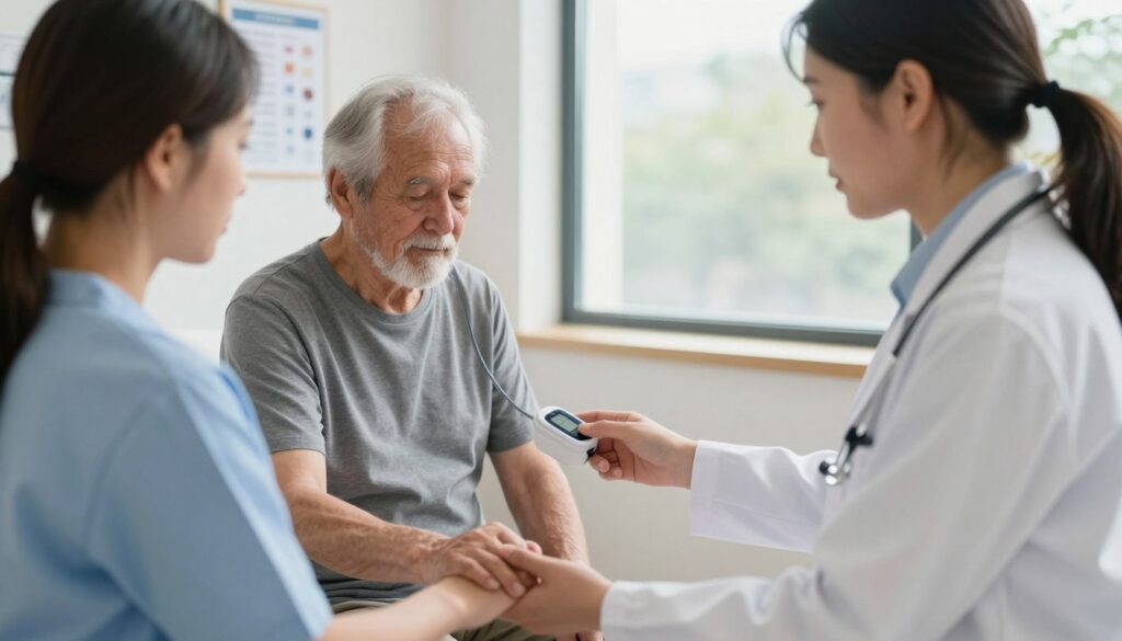 A medical professional, dressed in a white lab coat, is attentively examining an elderly patient in a well-lit examination room. The foreground features a concerned caregiver holding the patient's hand for support, illustrating compassion and concern. In the middle, the elderly patient, a Caucasian man, looks relieved as the doctor checks vital signs with a digital pulse oximeter. The background contains medical charts and a large window, allowing natural daylight to fill the room, creating a warm and inviting atmosphere. Soft shadows enhance the depth of the scene, while a wide-angle lens captures the emotional connection between the characters. Overall, the mood conveys urgency yet reassurance, emphasizing the importance of medical attention when low oxygen saturation is present.