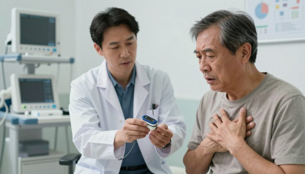 A medical professional in a clinical setting, examining a patient showing signs of oxygen deprivation. In the foreground, capture the concerned expression of the patient, a middle-aged adult, sitting in a doctor's office with their hands on their chest, slightly gasping for air. In the middle, include a doctor in a white coat, using a pulse oximeter on the patient's finger, looking focused and attentive. The background features medical equipment like monitors and charts, indicating a serious atmosphere. Soft, natural lighting creates a somber mood while highlighting the urgency of the situation. Use a shallow depth of field to draw attention to the subjects while softly blurring the background.