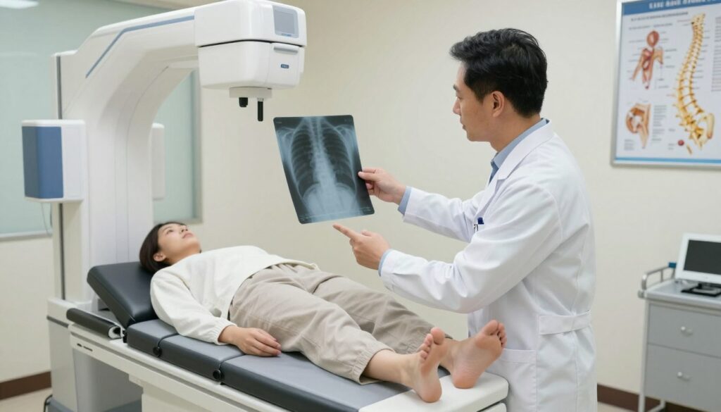 A medical professional in a modern radiology room is preparing a patient for a lumbar spine X-ray. In the foreground, the doctor, dressed in a white lab coat, is explaining the procedure to the patient, who is wearing comfortable, modest attire. The middle ground features sophisticated X-ray equipment and a padded examination table, ensuring a clinical atmosphere. In the background, soft ambient lighting enhances the sterile environment, and anatomical posters of the spine are visible on the walls. The mood conveys professionalism and care, emphasizing the importance of patient comfort during the radiological examination. The angle captures both the healthcare provider and the patient, illustrating the interaction and preparation process clearly.