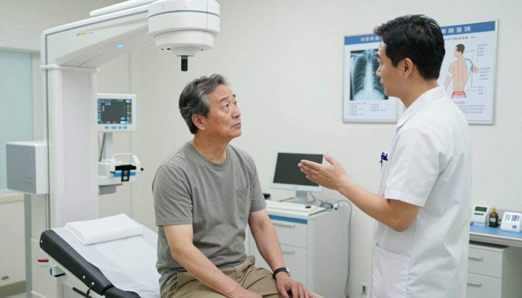 A medical professional in a sterile hospital environment is preparing a patient for an X-ray examination. The foreground shows the patient, a middle-aged individual wearing modest casual clothing, sitting on an examination table, looking slightly anxious but reassured by the professional next to them. The middle ground features a well-organized medical room with X-ray machines and necessary equipment. In the background, soft, diffused lighting creates a calm and sterile atmosphere. The professional is explaining the procedure, gesturing toward a clear and informative chart on the wall that illustrates proper positioning for the X-ray. The camera angle is slightly above eye level, capturing the interaction and emphasizing the organized setup of the room, promoting a sense of professionalism and care.
