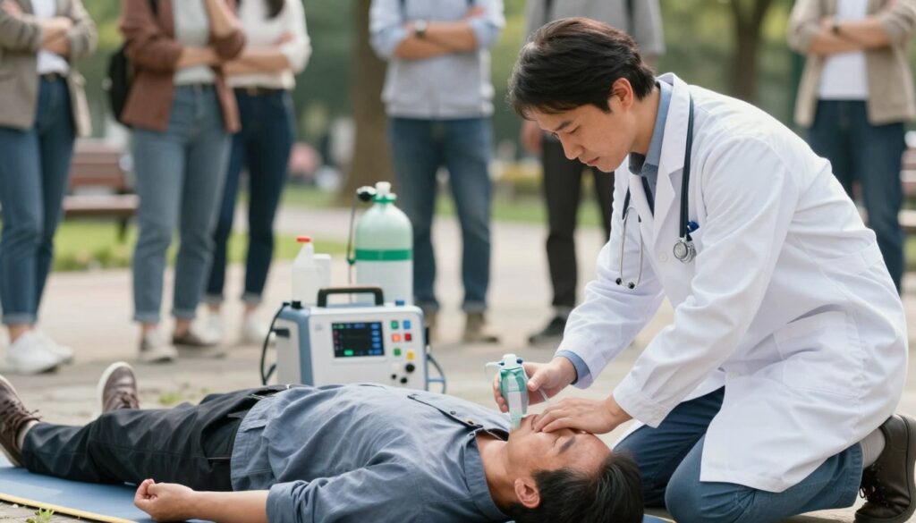 A medical professional in a white lab coat administers first aid to a middle-aged person lying on the ground, showing signs of distress possibly due to a heart attack. The foreground features the concerned medical professional using an oxygen monitor, emphasizing urgency and care. The middle ground includes medical equipment such as a portable oxygen tank and defibrillator, while the background shows a park setting, slightly out of focus, with concerned bystanders maintaining a safe distance. The lighting is bright, simulating daylight, creating a serious yet hopeful atmosphere. The scene is captured from a slightly elevated angle to showcase the action and the environment, ensuring a clear focus on the first responder's efforts while maintaining professionalism.