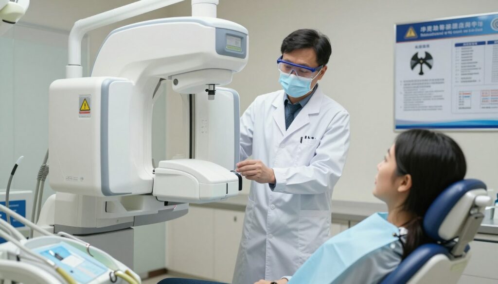A modern dental clinic environment showcasing radiographic imaging safety. In the foreground, a well-lit dental X-ray machine with clear indicators of radiation safety measures, like protective lead aprons and warning signs. In the middle ground, a dental professional in a lab coat, wearing safety glasses and a face mask, stands next to the machine, carefully explaining the process to a patient, who is seated in a dental chair, wearing a lead apron. The background includes detailed posters about radiation safety and dosage guidelines on the walls, and soft, focused lighting enhances a clean, clinical atmosphere. The mood is professional and reassuring, emphasizing patient safety during radiographic imaging.