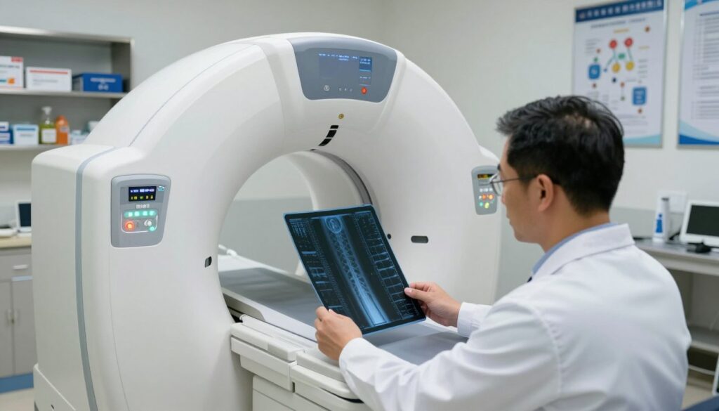 A modern diagnostic imaging laboratory setting, primarily showcasing an RTG machine used for X-ray imaging. In the foreground, a clinician wearing a white lab coat, while positioned beside the machine, is attentively examining an X-ray image displayed on a digital screen with focused concentration. The middle ground features the RTG machine itself, sleek and state-of-the-art, with intricate controls lit up, casting soft, technical light. In the background, shelves with medical supplies and posters related to diagnostic procedures decorate the room, enhancing credibility. The lighting is bright yet soft, creating an atmosphere of professionalism and precision. Capture this scene from a slightly elevated angle to provide clarity on the equipment and the clinician’s interaction with it, emphasizing the process of diagnostic evaluation.