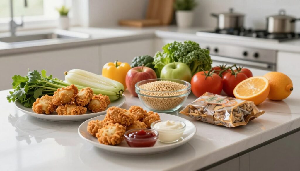 A modern kitchen countertop scene featuring a variety of healthy food items to emphasize what to avoid before an X-ray examination. In the foreground, display a plate filled with common restricted foods, such as fried items, heavy sauces, and processed snacks. In the middle, depict a colorful array of lighter, acceptable ingredients like fruits, vegetables, and whole grains, symbolizing a balanced diet. The background should include a well-lit kitchen environment with soft natural light pouring through a window, creating a calm and encouraging atmosphere. Use a slightly elevated angle to provide a clear view of the food items while ensuring everything appears appetizing and vibrant, promoting a sense of wellness and preparation.