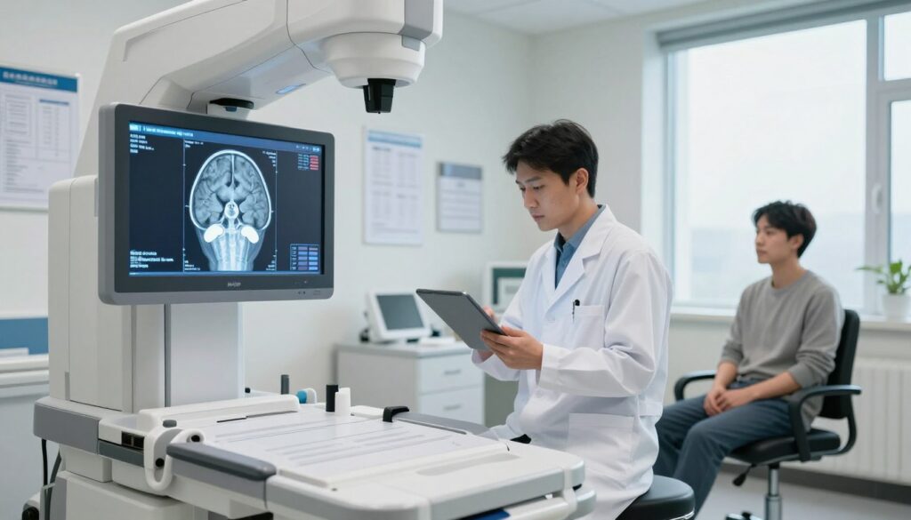 A modern medical examination room featuring a digital RTG (radiology) imaging device specifically focused on detecting conditions related to headaches, nasal congestion, and suspected inflammation. In the foreground, display the RTG machine with glowing screens showing detailed images of brain and sinus structures, demonstrating clarity and precision. In the middle, a medical professional in a white lab coat reviews the results on a tablet, while a patient in casual attire sits comfortably, looking attentive yet relaxed. The background includes medical charts on a wall, bright overhead lighting enhancing the clarity of the environment, and a large window letting in natural light to create a calm and professional atmosphere. The overall mood conveys a sense of trust and modern medical technology in action.