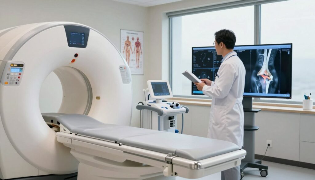 A modern medical examination room featuring advanced imaging equipment designed for alternative diagnostics of the coccyx. In the foreground, an advanced MRI machine with a sleek, futuristic design. In the middle ground, a radiologist in professional business attire closely examines digital imaging results on a large screen, showcasing a detailed view of the coccyx bone. The background reveals a well-lit room with anatomical posters on the walls and various medical tools neatly arranged. Soft, natural lighting filters through a large window, creating a calm and professional atmosphere. The overall mood is one of innovation and precision in medical diagnostics, focusing on the topic of alternative imaging methods for coccyx assessment.