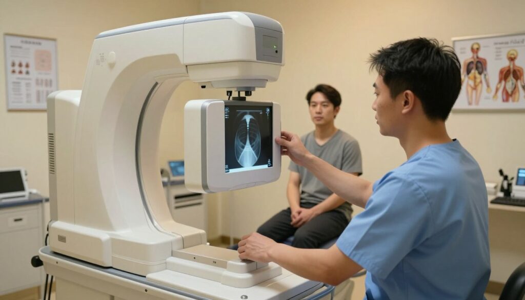 A modern medical imaging room featuring a radiology technician operating an X-ray machine, with a focus on the RTG zatok (sinus X-ray) procedure. In the foreground, the technician, dressed in professional scrubs, is attentively positioning the X-ray equipment, ensuring proper alignment. The middle ground shows a patient seated on an examination table, looking calm and relaxed, as the technician prepares for the procedure. The background includes medical charts, anatomical models of the sinuses, and soft ambient lighting, creating a clinical yet welcoming atmosphere. The image captures the precise moment before the X-ray is taken, emphasizing professionalism and care in the medical process. The angle is slightly elevated, highlighting both the technician and the equipment, while the lighting adds a warm glow to the room.