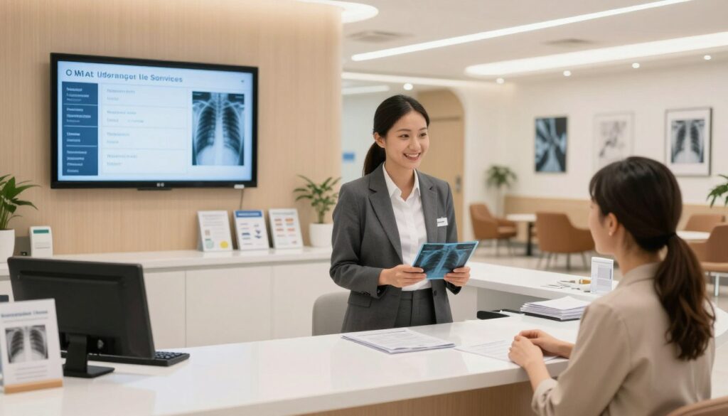 A modern medical reception area focused on the availability of X-ray examinations. Foreground: a friendly healthcare professional in business attire, holding a CD with X-ray results, smiling as they converse with a patient. Middle ground: a sleek reception desk with a digital screen displaying the range of available X-ray services, surrounded by informative brochures. Background: a clean, well-lit waiting area with comfortable chairs and artwork related to radiology. The overall atmosphere should convey professionalism and accessibility, with warm, natural lighting enhancing the welcoming environment. Use a wide-angle lens to capture the spaciousness and organization of the area, emphasizing the availability of testing services without any clutter.