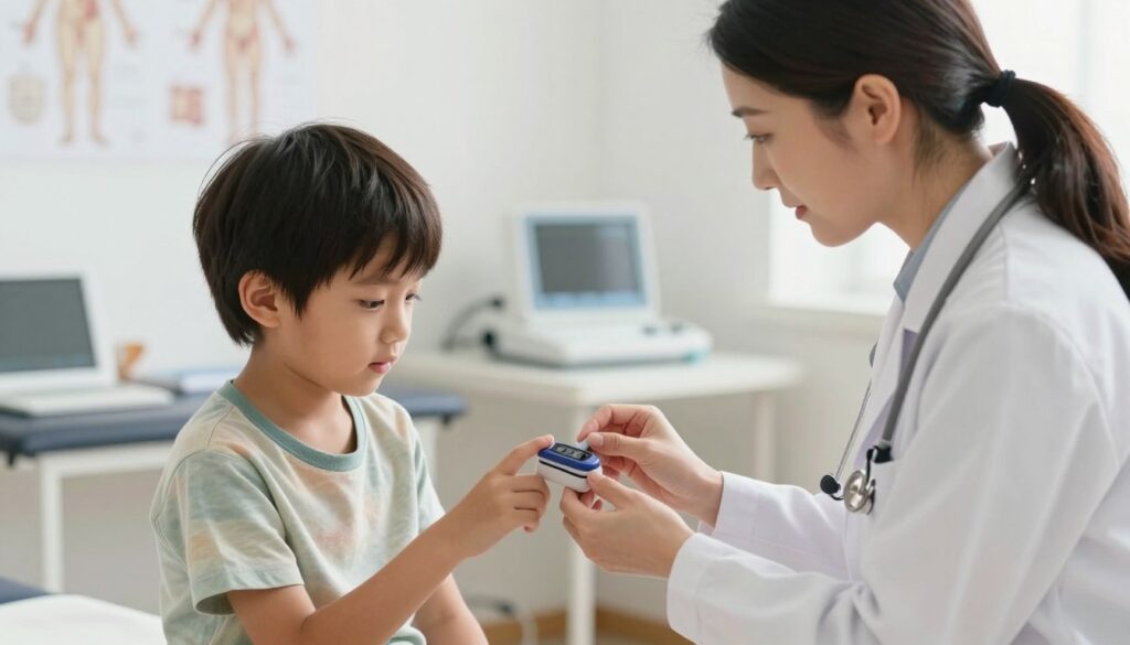 A professional healthcare setting featuring a pediatrician checking the oxygen saturation of a child. The foreground displays the pediatrician, a middle-aged woman in a white lab coat, focusing intently on a pulse oximeter attached to the child’s finger. The child, a young boy around 6 years old, appears calm and curious, wearing a simple, colorful t-shirt. In the middle ground, a medical examination table with anatomical charts and medical equipment can be seen, providing context to the scene. The background is softly blurred to emphasize the interaction, with bright, warm lighting creating a reassuring atmosphere. The image conveys a sense of professionalism and care, suitable for reflecting the topic of norm saturation levels in children.