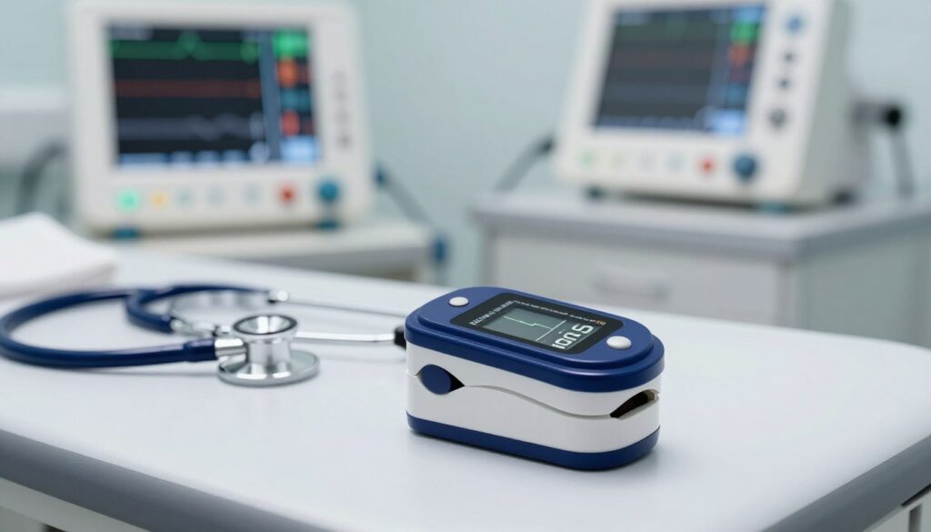 A professional medical pulse oximeter placed prominently on a clean, sterile examination table. The oximeter is sleek and modern with a bright digital display showing a heart rate and oxygen saturation percentage. In the background, softly blurred, there are medical instruments and equipment, such as an ECG monitor and a stethoscope, enhancing the clinical atmosphere. The lighting is bright and clinical, mimicking a hospital setting, creating a sense of trust and reliability. Focus on the oximeter in the foreground with a shallow depth of field to emphasize its details, while the background establishes a medical environment. The overall mood should convey professionalism and innovation in health monitoring technology.
