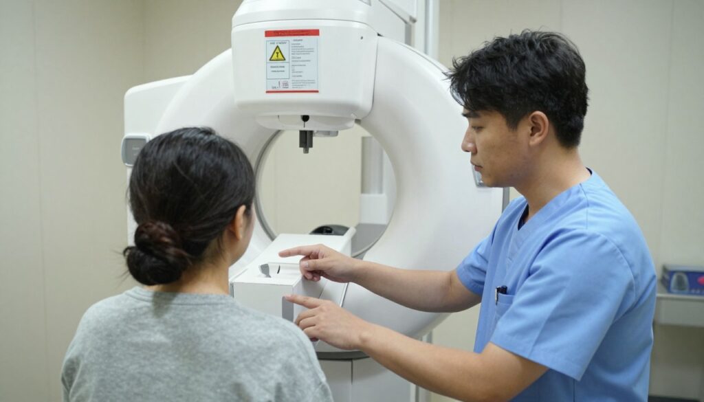 A professional medical setting depicting a patient undergoing a spine X-ray examination. In the foreground, a medical technician wearing scrubs is attentively explaining the procedure to a patient in modest casual clothing. The middle ground shows a state-of-the-art X-ray machine, with clear safety signage and guidelines prominently displayed. The background features a clean and organized examination room, with soft, diffused lighting creating a calm atmosphere. The camera angle captures the scene from slightly above, focusing on the interaction between the technician and the patient, highlighting the emphasis on safety and understanding. The mood conveys reassurance and professionalism in a healthcare environment.