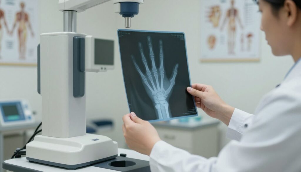 A professional medical setting featuring an X-ray examination of a hand, with a focus on the technique for examining a broken finger. In the foreground, a medical professional in a white lab coat is adjusting the X-ray machine, ensuring proper alignment. The middle layer shows a clear view of the X-ray film displaying the outlines of a finger with visible fracture lines. In the background, an examination room is softly lit, with anatomical posters and medical equipment arranged neatly. The atmosphere is clinical but calm, conveying precision and care in the execution of radiographic techniques. Use neutral lighting to emphasize the details of the hand and the X-ray without any distracting elements.