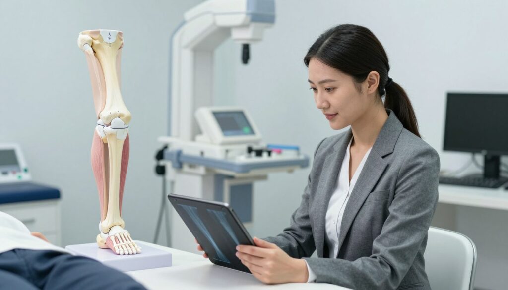 A professional medical setting focused on lower limb safety assessment. In the foreground, a confident healthcare professional, dressed in smart business attire, examines a digital X-ray image of a patient's legs on a modern tablet. The midground features an anatomical model of a human leg, showcasing bones and joints, with clear indicators of proper alignment. The background includes soft-focus medical equipment like a radiology machine and a workstation filled with necessary tools, all well-organized for clinical use. The lighting is bright and clinical, with a clean and sterile atmosphere that conveys professionalism and safety. The image captures a mood of diligence and care in medical practice.