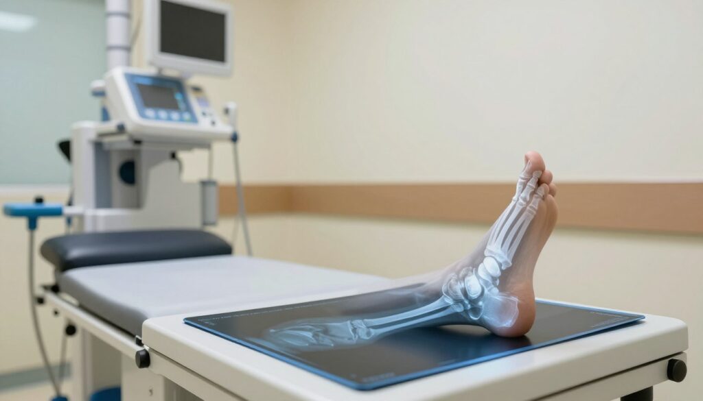 A professional medical setting showcasing an X-ray examination of a foot. The foreground features a detailed view of a foot positioned on an X-ray plate, highlighting the intricate bones and structures within. The middle ground includes a sterile, well-lit examination room, with medical equipment neatly organized. The background should present a curved wall with light-colored, soothing tones to create a calming atmosphere. Bright, focused lighting emphasizes the X-ray image while soft, ambient light enhances the room's comfort. The scene conveys a sense of professionalism and care, suitable for a healthcare facility. No human subjects are present to maintain focus on the examination process.