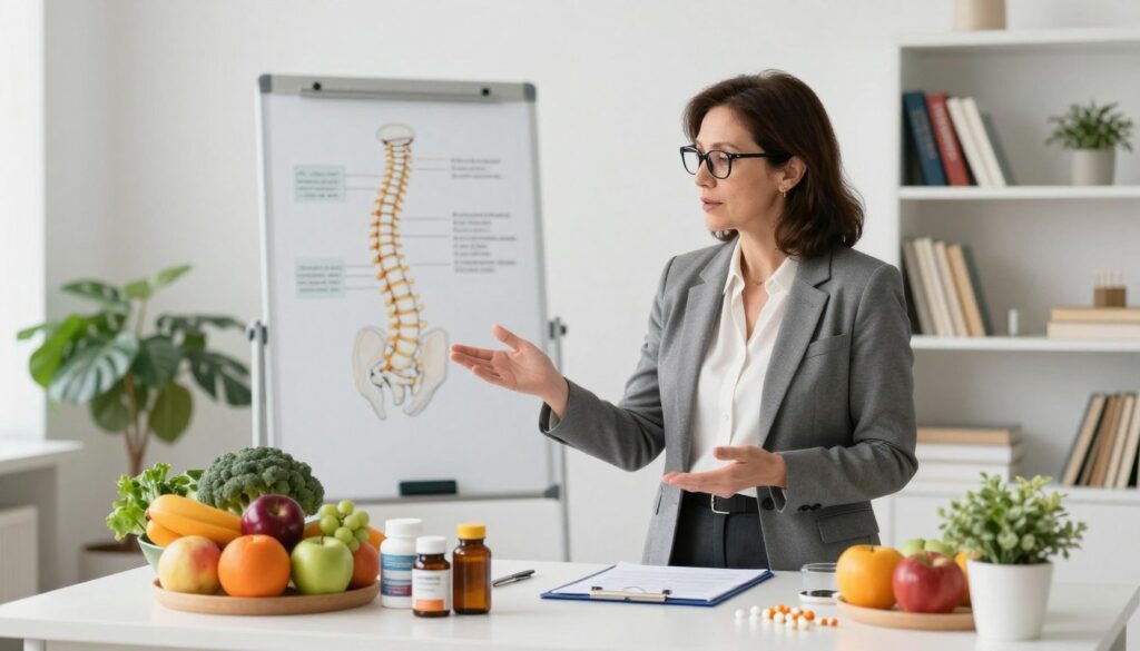 A professional nutritionist standing in a bright, minimalist consultation room adorned with plants, discussing dietary and pharmacological recommendations related to preparing for a spinal X-ray examination. In the foreground, the nutritionist, a middle-aged woman with glasses, wearing a smart blazer and a blouse, gestures toward a colorful display of fresh fruits, vegetables, and dietary supplements arranged on a clean table. The middle ground features a whiteboard with diagrams of the spine and nutritional guides. In the background, there are shelves filled with books on nutrition and health. The lighting is soft and inviting, creating a warm atmosphere that promotes well-being. The image captures a sense of professionalism, care, and focus on health, emphasizing the importance of dietary preparations.