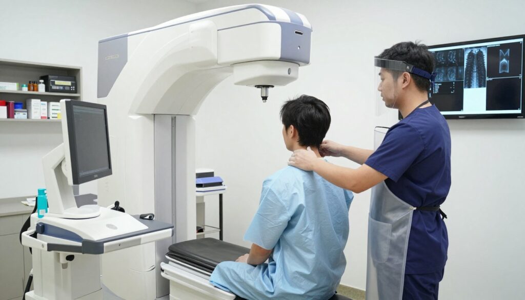 A professional radiology room featuring a patient in a medical gown seated in front of a radiography machine. The patient is being positioned by a radiologic technologist, who is wearing scrubs and a protective apron. Bright, clinical lighting illuminates the room, highlighting the advanced equipment and X-ray films on the wall. In the foreground, focus on the radiography machine and the patient, with clear visibility of the technologist's precise movements as they adjust the machine. The background showcases shelves with medical supplies and a digital monitor displaying X-ray images, creating a functional atmosphere. The mood is clinical and informative, conveying the precision and care involved in the X-ray examination process.