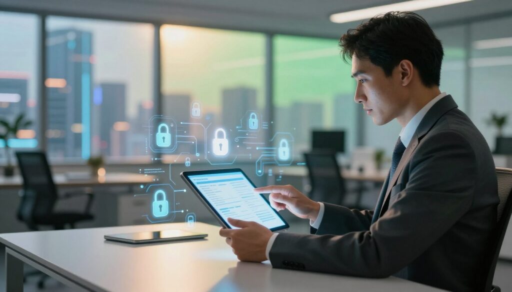 A secure digital environment showcasing medical data safety. In the foreground, a professional person in business attire sits at a sleek modern desk, intently examining a glowing tablet displaying encrypted health information, surrounded by floating digital locks and data streams. In the middle ground, a softly lit office space with a large window reveals a futuristic cityscape, suggesting advanced technology. The background features a subtle gradient of blues and greens, symbolizing trust and security in the healthcare system. The lighting is warm and inviting, creating an atmosphere of professionalism and reliability, focusing on the importance of safeguarding medical data in a digital format, emphasizing confidentiality and security.