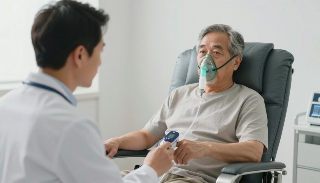 A serene, clinical environment depicting a patient receiving oxygen therapy. In the foreground, a middle-aged individual in professional medical attire is intently monitoring a digital pulse oximeter attached to the patient's finger, reflecting a high level of care and professionalism. The middle ground focuses on the patient, a senior person wearing modest casual clothing, seated comfortably in a modern recliner, with an oxygen mask gently resting on their face, symbolizing the importance of oxygen therapy for chronic conditions. The background features soft, diffused lighting that creates a calm, healing atmosphere, with medical equipment subtly placed to the sides. The scene conveys a mood of hope and reassurance in a clean, well-lit clinic, emphasizing the role of oxygen therapy in managing health.