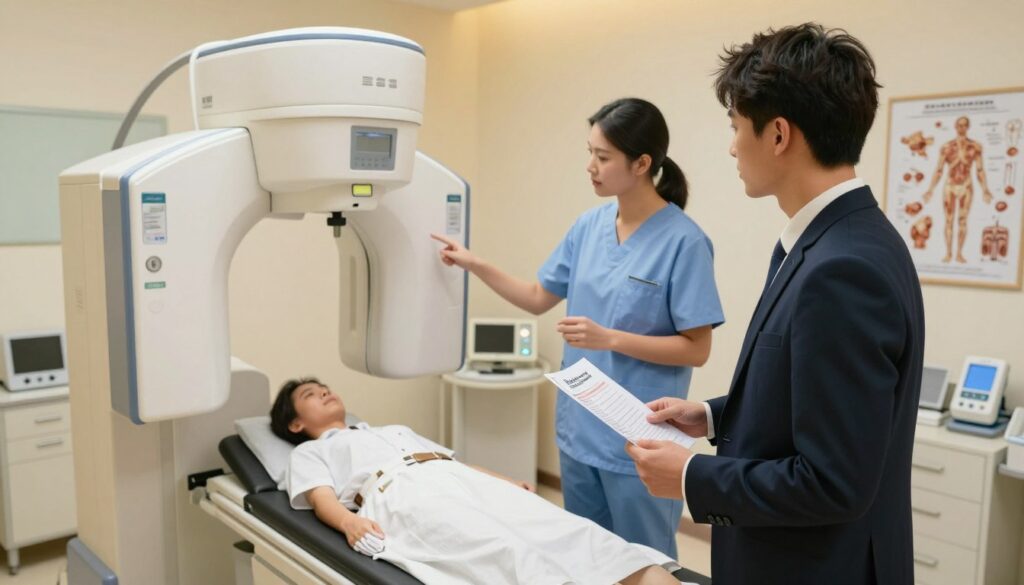 A serene hospital environment showcasing a patient preparing for an X-ray examination. In the foreground, a young adult in professional business attire stands nervously by a hospital gown, holding a pamphlet about preparation steps. The middle ground features an X-ray machine and a healthcare professional in scrubs explaining the procedure. The background reveals a softly lit examination room with anatomical charts on the walls and medical equipment neatly arranged. The lighting is warm and inviting, creating a calm atmosphere that emphasizes care and professionalism. The angle is slightly elevated, capturing the interaction between the patient and the healthcare provider while maintaining a focus on the setting, conveying a sense of reassurance and readiness for the procedure.
