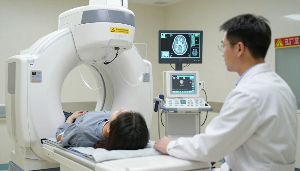 A serene hospital imaging room focusing on patient safety, featuring a modern X-ray machine designed for head scans. In the foreground, a professional technician in a lab coat carefully monitors the equipment, ensuring all safety protocols are met. The middle ground depicts a medical display showing a brain scan, emphasizing both the technology and patient safety measures, such as lead aprons and safety signs. The background is softly lit with neutral colors, creating a calming atmosphere, while equipment like shields and dosage monitors highlight the theme of radiation safety. The lighting is bright yet gentle, enhancing the professionalism and reassurance of a safe medical environment. The overall mood conveys trust, competence, and the importance of patient care during medical imaging.