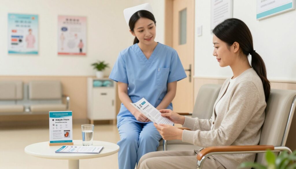 A serene hospital waiting room, depicting a patient sitting calmly on a comfortable chair, dressed in professional attire, looking at a medical brochure. In the foreground, a small side table holds a glass of water and a few informational pamphlets about the gastric X-ray procedure. In the middle, a nurse, wearing scrubs and a friendly expression, stands nearby, ready to assist. The background shows a well-lit area with soft, diffused lighting, medical posters on the walls, and a peaceful atmosphere, emphasizing the importance of organization and formality before a medical visit. The angle is slightly angled to capture the interaction, creating a welcoming and informative mood.