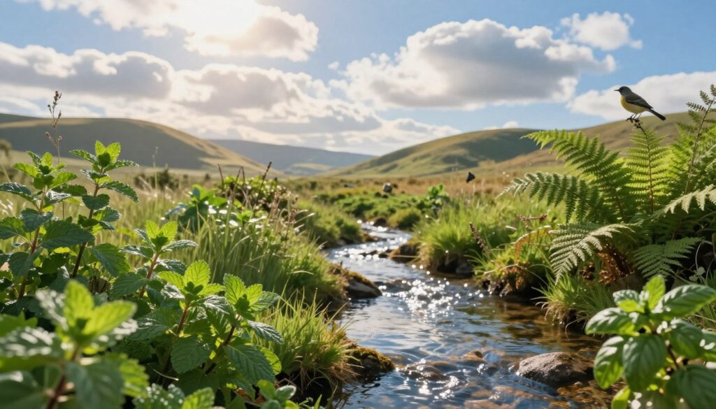 A serene landscape showcasing natural methods for enhancing oxygenation. In the foreground, display a diverse range of vibrant plants, including herbs like mint and basil, alongside lush, green ferns. In the middle ground, a gentle flowing stream with crystal-clear water reflects sunlight peeking through soft, fluffy clouds, creating a tranquil atmosphere. Birds are perched on nearby branches, symbolizing vitality and harmony with nature. The background features rolling hills under a bright blue sky, casting a warm, inviting glow over the scene. Use soft, natural lighting to evoke a sense of calm and well-being. The overall mood should be uplifting and peaceful, emphasizing the connection between nature and respiratory health.