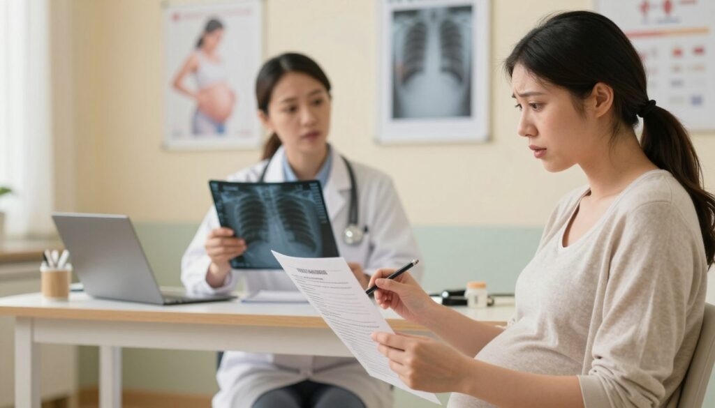 A serene medical office environment with soft, warm lighting. In the foreground, a pregnant woman in modest casual clothing examines a medical chart, displaying early signs of pregnancy, her expression a mix of excitement and concern. In the middle ground, a healthcare professional, dressed in professional attire, discusses the importance of X-ray safety during pregnancy. The background features a calming wall with medical posters about pregnancy and radiology, creating a professional yet comforting atmosphere. The lens captures the scene from slightly above eye level, emphasizing the interaction between the woman and the healthcare provider. The overall mood is informative and reassuring, conveying a sense of care and expertise in discussing early pregnancy and radiological safety.
