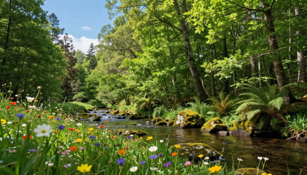 A serene natural background displaying a lush green forest with a clear blue sky, softly illuminated by sunlight filtering through the trees. In the foreground, vibrant wildflowers bloom, showcasing various colors and adding depth. The middle ground features a gentle, meandering stream reflecting the sky, surrounded by mossy rocks and ferns. In the background, towering trees stand majestically, their leaves rustling in a light breeze, evoking a sense of tranquility and connection to nature. The atmosphere is peaceful and inviting, capturing the essence of natural background radiation as a point of reference. The image is framed with a soft focus, enhancing the calming mood while maintaining rich details in the vibrant colors and textures of the scene.