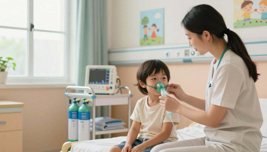A serene pediatric hospital room bathed in soft, natural light from a large window, creating a warm and inviting atmosphere. In the foreground, a compassionate healthcare professional in a modest casual outfit demonstrates the use of oxygen therapy equipment on a young child, who is comfortably seated and wearing a light-hearted smile. The therapist is adjusting a nasal cannula with gentle care, emphasizing a sense of tranquility and support. In the middle ground, a well-organized medical cart displays oxygen tanks and monitors, symbolizing advanced respiratory care. The background features calming pastel colors on the walls, with cheerful children's artwork that conveys a sense of hope and healing, enhancing the overall mood of safety and well-being.