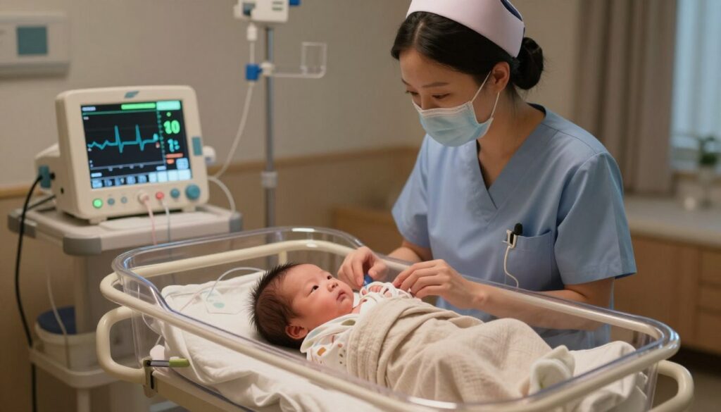 A serene, softly lit scene of a neonatal unit showcasing a newborn baby in a clear incubator. The foreground features the infant, bundled in a cozy, neutral-colored blanket, connected to vital monitoring equipment with gentle LED indicators displaying oxygen saturation levels. In the middle ground, a compassionate nurse in professional scrubs attends to the baby, focused on the monitor. Understandable charts and graphs can be subtly placed in the background, illustrating oxygen levels and apnea causes. Use warm, ambient lighting to create a calming atmosphere, emphasizing the medical environment's importance. A shallow depth of field should help draw attention to the baby and nurse, while maintaining a sense of hope and professionalism.