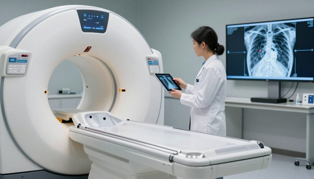 A sophisticated and clinical setting showcasing advanced chest imaging methods in oncology. In the foreground, a state-of-the-art imaging machine, such as a CT scanner or MRI, is prominently featured, with intricate details highlighting its design and technology. In the middle ground, a healthcare professional in a white lab coat, examining imaging results on a digital tablet, displays a focused and attentive posture. The background includes a high-tech medical laboratory with screens displaying detailed 3D images of the chest, showcasing anatomical layers and potential anomalies. Soft, focused lighting creates a professional atmosphere, emphasizing the seriousness of oncological diagnostics. The angle is slightly elevated, providing a comprehensive view of the entire scene, capturing the essence of innovation in medical imaging.