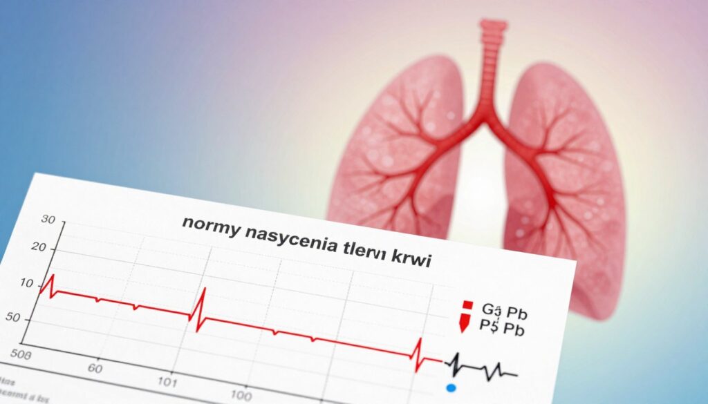 A visually striking illustration of "normy nasycenia tlenu krwi," depicting a blood oxygen saturation graph with specific values highlighted. In the foreground, include a clear, detailed graphical representation of the oxygen saturation levels in both adults and children, alongside heart rate information for comparison. In the middle ground, transition to an informative visual displaying healthy lung imagery, symbolizing oxygen exchange, with soft, diffused lighting emphasizing clarity and precision. The background features a soothing, gradient color scheme that symbolizes well-being and health, suggesting an atmosphere of professionalism and calm. The image should be composed with a slightly tilted angle to create depth, capturing the viewer's attention while maintaining a scientific and educational tone. No text or overlays are included, ensuring a focus on the graphical elements.