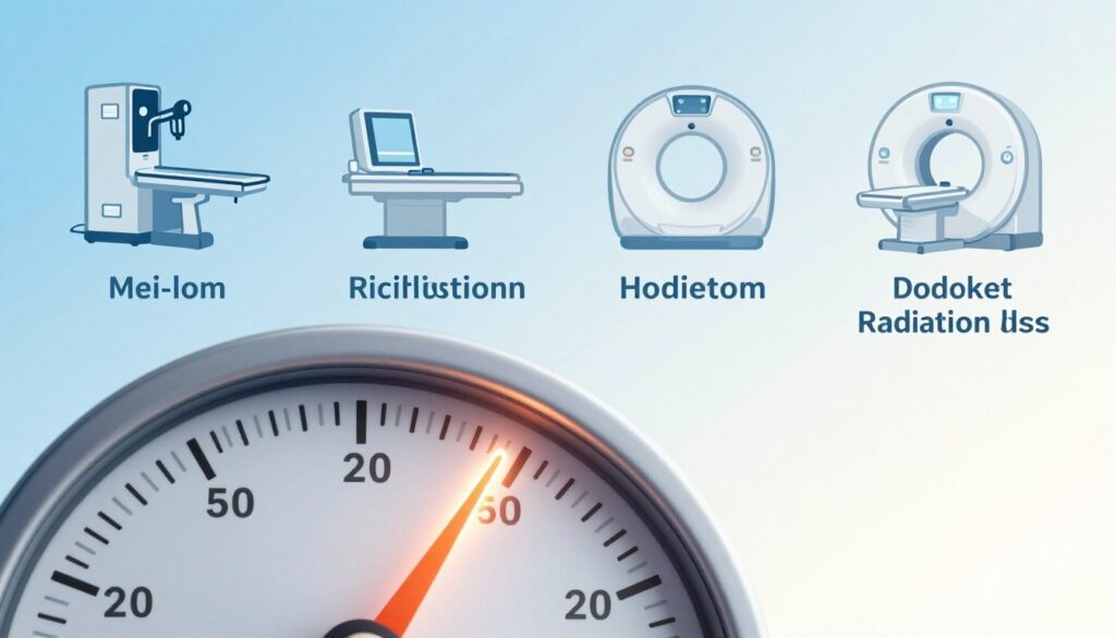 A visually striking infographic-style image depicting various radiation doses from medical examinations. In the foreground, a stylized gauge with a bright, eye-catching needle points to different radiation levels, represented in millisieverts. The middle ground features simplified icons of common medical imaging devices such as an X-ray machine, CT scanner, and MRI, each with corresponding low, medium, and high radiation doses displayed clearly. The background is a soft gradient transitioning from light blue to white, evoking a clinical and scientific atmosphere, enhanced by soft lighting to emphasize the icons. An angled view captures the details sharply, inviting the viewer to engage. The overall mood should feel informative, calm, and reassuring, suitable for educational purposes.