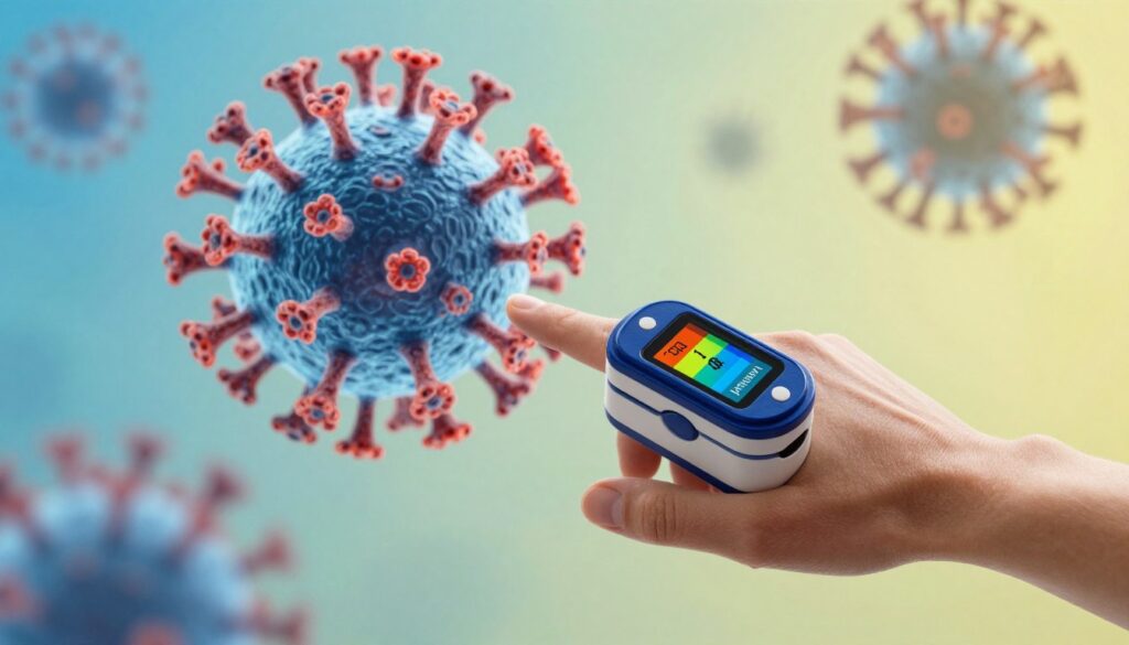 A visually striking medical illustration depicting the impact of viral infections on blood oxygen levels. In the foreground, a detailed view of a human arm with a pulse oximeter attached to the fingertip, showing vibrant color variations indicating low vs. normal oxygen saturation. In the middle ground, an abstract representation of a virus, such as the influenza virus, with intricate details, intermingling with oxygen molecules. The background features a soft gradient, transitioning from a healthy blue hue to a sickly yellow-green, symbolizing the decline in health. The lighting is bright but soft, focusing on the arm and the oximeter, creating a clinical yet informative atmosphere. The composition is balanced, with a slight tilt to emphasize the seriousness of the subject, avoiding any clutter or distractions.