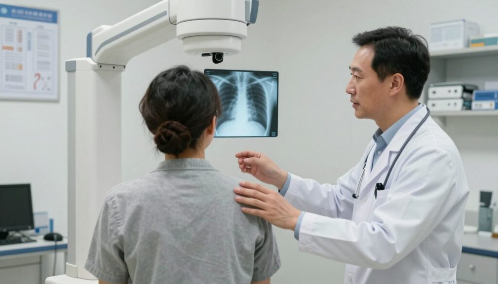 A well-lit medical examination room featuring a chest X-ray setup. In the foreground, a doctor in professional attire is preparing a patient, who is dressed in a modest, casual shirt, for a chest X-ray procedure. The doctor is explaining the process with a calm, reassuring demeanor, highlighted by soft, natural light. In the middle ground, a modern X-ray machine is visible, with the patient positioned in front of it, expressing a look of attentiveness. The background shows medical charts and equipment neatly organized on shelves, enhancing the clinical atmosphere. The overall mood conveys a sense of professionalism, preparation, and care, creating a reassuring environment for the patient.