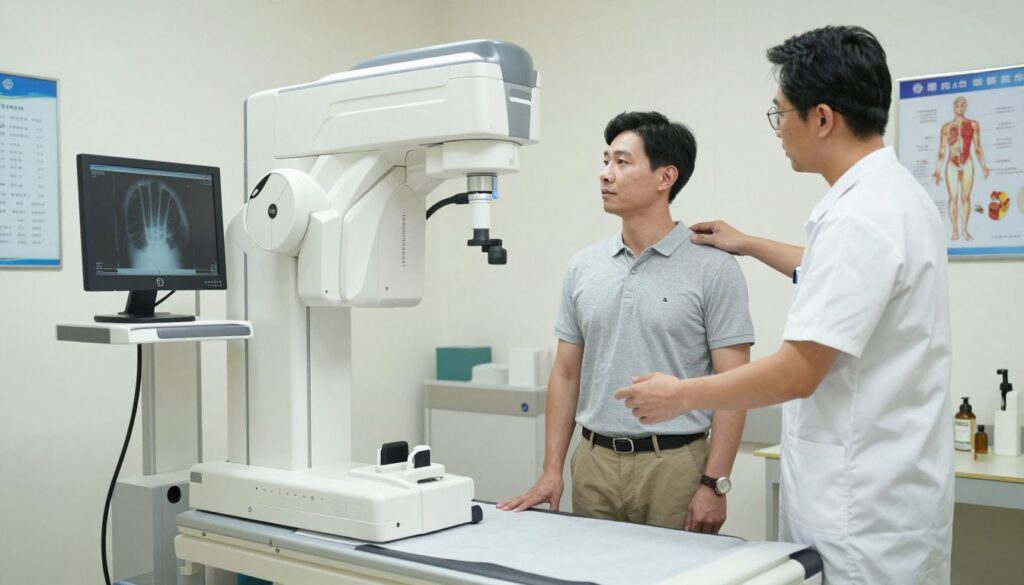 A well-organized and professional medical examination room featuring a chest X-ray machine prominently in the foreground. The machine is depicted with detailed features, including adjustable components and a monitor displaying an X-ray image, emphasizing clarity and precision. In the middle ground, a patient, dressed in modest casual clothing, stands at the machine, looking comfortable and at ease, while a healthcare professional guides them through the process. The background includes medical charts and anatomical models, providing a clinical setting. Soft, diffused lighting illuminates the room, creating a calm and reassuring atmosphere. The angle captures both the patient and the X-ray machine, illustrating the progression of the examination process while maintaining a professional tone throughout the composition.