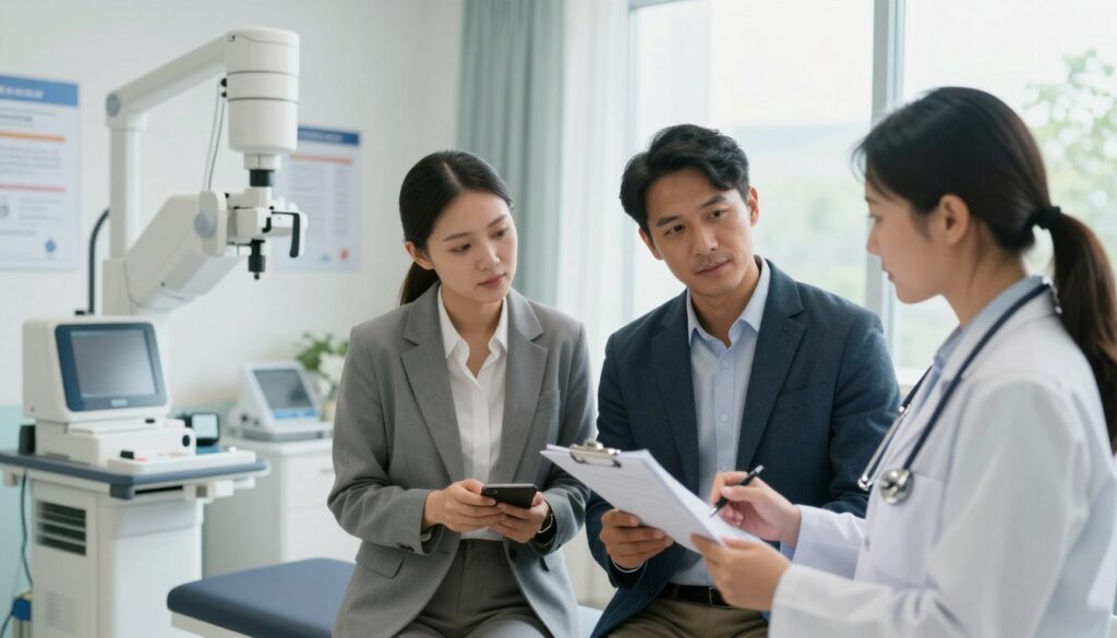 A well-organized health preparation environment for a medical examination, showcasing a step-by-step process. In the foreground, a diverse group of three individuals dressed in professional business attire, reviewing a checklist and discussing the upcoming RTG exam with a healthcare professional. In the middle, a clean and modern medical facility with medical equipment, such as an X-ray machine, and informational posters on the walls. The background features soft, natural lighting filtering through large windows, creating an inviting atmosphere. A calm and focused mood is present, emphasizing the importance of preparation before a medical examination. The composition captures a sense of guidance and support in the healthcare setting, with attention to detail in the participants' expressions and body language, focused on reassurance and clarity.