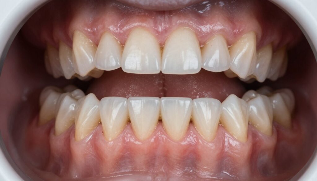 An intraoral dental X-ray image showcasing detailed views of human teeth and gums. The focus is on a clear, close-up view of teeth positioned between the upper and lower jaws, highlighting the intricate structures such as enamel, dentin, and roots. The image is lit with soft, diffused lighting to minimize shadows, enhancing the visibility of dental features. Use a dentist's perspective angle, capturing the vibrant colors and textures of healthy teeth and gums. The background should be neutral and unobtrusive, emphasizing the teeth and X-ray details. The mood is clinical yet informative, suitable for a professional dental context.