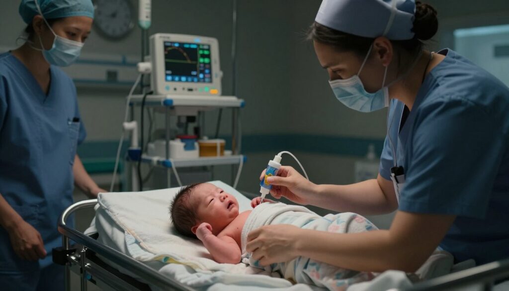 In a dimly lit, clinical hospital room, focus on a newborn baby lying on a stainless steel examination table, surrounded by medical professionals in scrubs. The foreground features a concerned nurse checking the baby’s oxygen saturation monitor, her expression serious and attentive. In the middle, the baby is wrapped in a soft blanket with slight visible distress, showing signs of low oxygen levels, such as pale skin and shallow breathing. In the background, medical equipment like monitors and a wall clock underscore the urgency of the situation. The atmosphere is tense yet professional, with soft overhead lighting casting gentle shadows, and a shallow depth of field that emphasizes the emotional intensity of this critical moment.